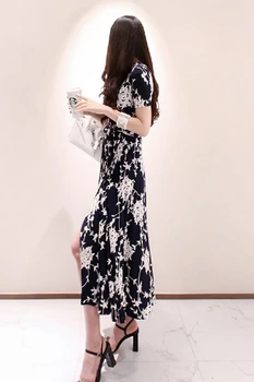 2020 metų Vasaros Naują korėjos Elegantiškas V-kaklo, Juosmens, Nėrinių iki Derliaus Gėlių Spausdinti Suknelė Moterų Mados Trumpas Rankovės Sundress Suknelė Femme