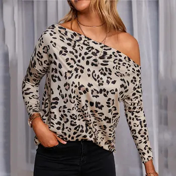 2021 M. Pavasario Vasaros Moterų Atsitiktinis Palaidų Tee Marškinėliai Off Peties Cheetah Leopard Print Long Sleeve Top Kasdien Dėvėti