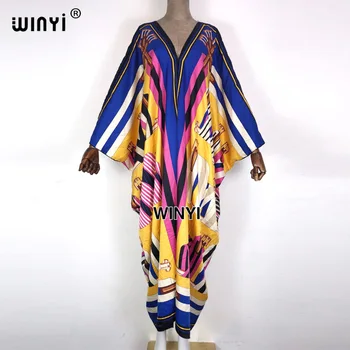 2021 m. Vasarą Moterys WINYI Spausdinti Seksualus V-Kaklo, Šlaunų Afrikos Maxi Suknelė ilgomis Rankovėmis Elegantiškas Boho Paplūdimio Suknelė Atsitiktinis Ilgos Suknelės