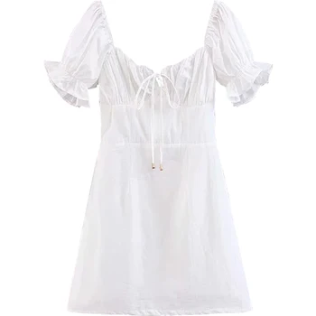 2021 M. Vasarą Prancūzijos Šviesą Kaklaraištis Kaklo Mini Seksualus Baltas Moterų Suknelė Elegantiškas Sluoksniuotos Rankovėmis Atsitiktinis Šalies Paplūdimys Šviesos Suknelės Skraiste