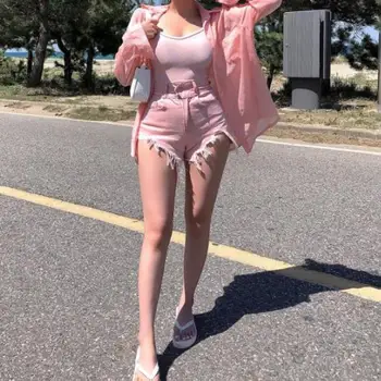 2021 Streetwear Šortai Moterims Rožinė Kankina Kutas Hem Džinsai, Šortai Vasarą Korėjos Stiliaus Moteriški Šortai Feminino Džinsai Sexy