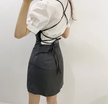 2021 Vasaros Moterų Suknelė Rinkiniai Korėja Balta Sluoksniuotos Rankovėmis Pasukite Žemyn Apykaklės Palaidinė Ir Seksualus Backless Diržas Mini Suknelė Tinka Vestidos