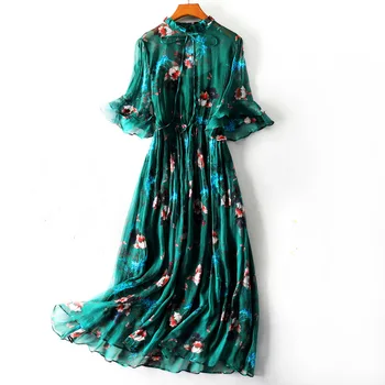 2021 Vasaros Moterų Šilko Smaragdas Gėlių Elegantiškas Šilko Dviejų dalių Suknelė