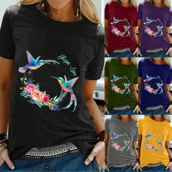 73 Tee Viršūnes 2021 Moterų Prarasti trumparankoviai Gėlių Spausdinti Prarasti Trumpi marškinėliai Atsitiktinis O-kaklo Viršų Patogūs Drabužiai Moterims