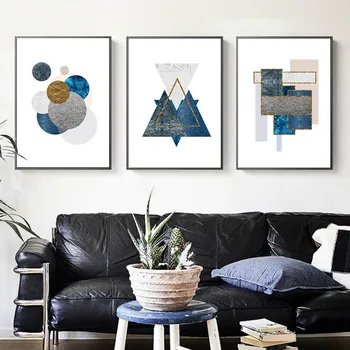 Abstraktus Mėlyna ir Pilka Geometrijos Drobės Tapybos Minimalistinio Sienos Meno Plakatas ir Spausdinti Nuotraukas, skirtą Kambarį Namuose Apdaila