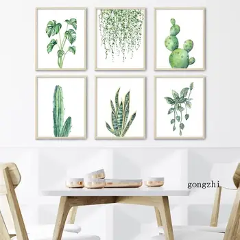 Akvarelė Succulents Augalų Kaktusas Plakatas Žalia Botanikos Lapų Drobės Tapybos ir Spausdinimo Sienos Menas Nuotraukas Kambarį Dekoro