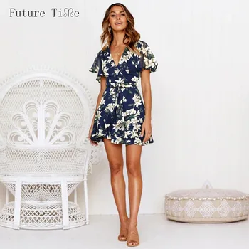 Ateityje Spausdinti Elegantiška Mini Suknelė Moterims 2021 M. Vasarą Tvarstis Beach V-Kaklo Seksualus Suknelės Lady Prarasti Atsitiktinis Didelio Dydžio Suknelė F526