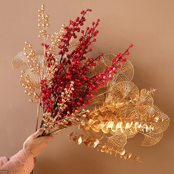 Aukso Dirbtinis Eukalipto Lapų Ventiliatorius Lapų Netikrą Raudonųjų Vaisių Dirbtinių Gėlių, Vestuvių Namų Kalėdinė Dekoracija Augalų