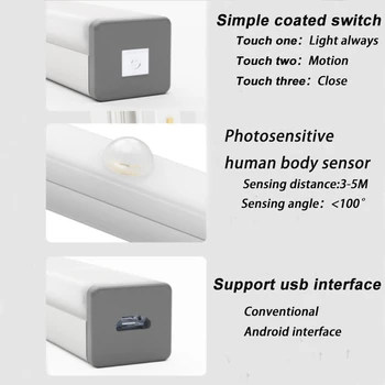 Belaidžio Smart Judesio Jutiklis Naktinis Apšvietimas Pagal Kabineto Šviesos USB Įkrovimo 10cm/21cm/30cm/50cm Naktį Lempos Miegamojo Sienos Lempa