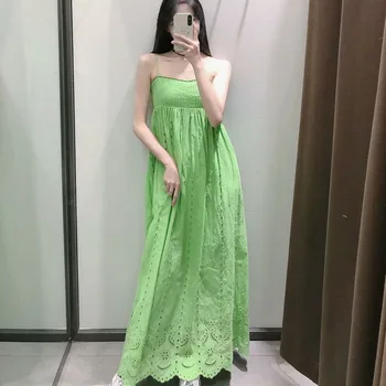 DiYiG MOTERIS 2021 m. vasarą nauju moterų atostogų stiliaus tuščiaviduriai išsiuvinėti žalia vidutinio ilgio suspender suknelė ZA