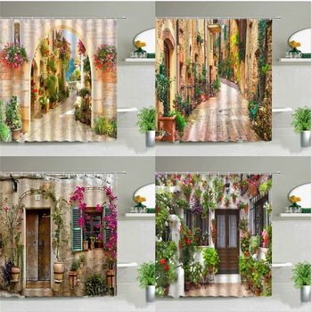 Europos Stiliaus Pastatas, Gatvė Kraštovaizdžio Vonios Kambarys Dušo Užuolaidos Augalų Žiedų Pavasarį Sodo Dekoracijos Fone Sienų Dekoras Ekranas