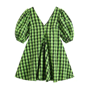 FINEWORDS Vintage Žalia Skara Suknelė Moterims korėjos Streetwear V Kaklo Suknelės Atsitiktinis Palaidų Plius Dydis Vidurio Ilgis Vasaros Paplūdimio Suknelė