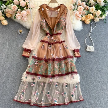 FMFSSOM 2021 m. Pavasarį Moterys Elegantiškas Nėrinių Siuvinėjimo Kratinys Suknelė Vintage Ponios Stovėti Apykaklės Gėlių Spausdinti Panele Ilga Suknelė