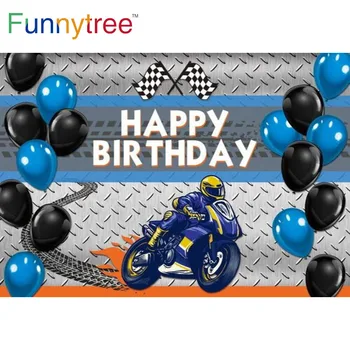 Funnytree Motociklo Laimingas Gimtadienio Fone Rasės Balionas Apdailos Fone Baby Shower Metis Berniukas Nuotraukų