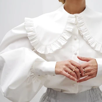 GALCAUR Balti Marškinėliai Moterims Peter Pan Apykaklės Žibintų ilgomis Rankovėmis Prarasti Tvirtą Elegantiškas Palaidinės Moterų 2021 M. Pavasario Drabužių Banga