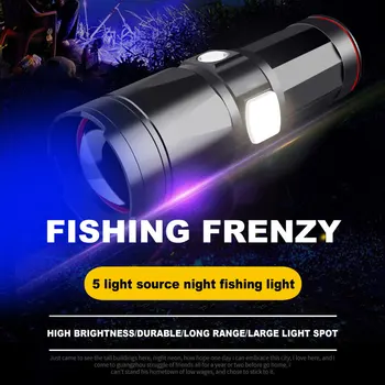 Galingas Žibintuvėlis LED naktinė Žvejyba Šviesos Zoomable Lauko Vandeniui Žibintuvėlis, 4 Spalvos USB Įkrovimo Masalas Lempos Galia Ekranas