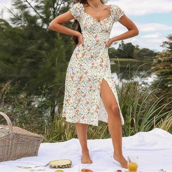 Gėlių Spausdinti Off Peties Ilgas Vasaros Suknelė Moterims Boho Pusės Split Suknelė 2021 Moterų Linija, Prancūzų Stiliaus Atostogų Šalis Sundress