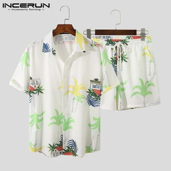 INCERUN Spausdinti Vyrų Havajų Rinkiniai Streetwear Trumpas Rankovės Marškinėliai Paplūdimio Šortai 2 vnt Kvėpuojantis 2021 M. Vasaros Atsitiktinis Vyrų Kostiumai