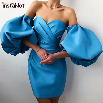 InstaHot Elegantiškas Šalies Moterų Suknelė 2021 Žibintų Rankovės Vakaras Peties Slim Bodycon Kieto Satino Mini Suknelė Office Ponios