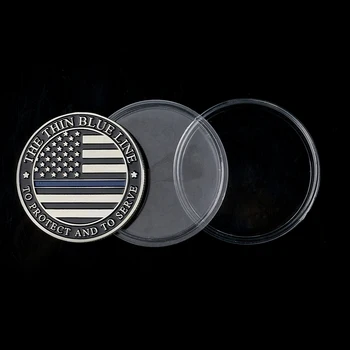 JAV Plona Mėlyna Linija Saugoti Ir Tarnauti JAV Vėliava Policijos Pareigūnas Sidabro Padengtą Kolekcines Monetos