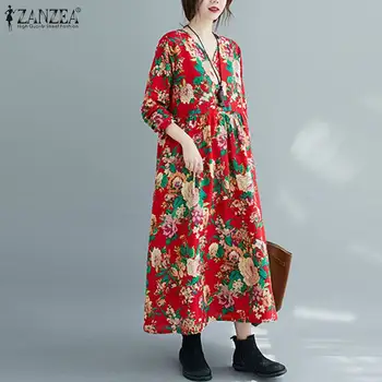 Kaftan Pavasario Printed Dress Moterų Gėlių Sundress 2021 ZANZEA Atsitiktinis ilgomis Rankovėmis Maxi Vestidos Moterų V-Kaklo Skraiste, Negabaritinių