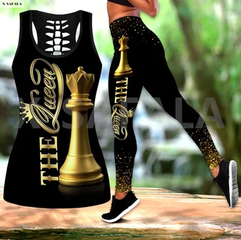 Karalienė Šachmatų Mėgėjams Dviejų dalių Jogos Rinkinį Moterims 3D Spausdinimo Vest Tuščiaviduriai Iš Bako Viršuje Aukšto Juosmens Legging Vasaros Laisvalaikio Sportas