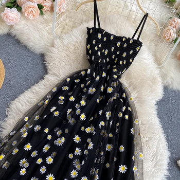 Korėjos Daisy Gėlių Spausdinti Tinklelio Suknelė Moterims 2021 Dviejų Sluoksnių Spageti Dirželis Atostogų 