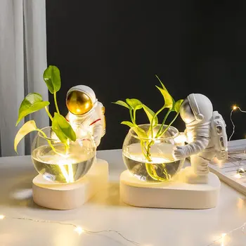 Kūrybos Stiklo Vaza Dervos Astronautas Naras Puošyba, Gėlių Vazos Hydroponics Darbalaukio Puošimas Gėlėmis LED Šviesos Pluggable Baterija