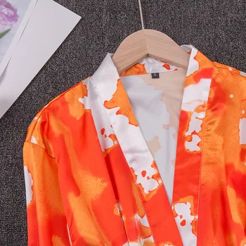 LIEPOS DAINA Dirbtiniais Šilko Moteris Pižamą tie dažai Vasaros Plonas Spausdinimo Pižamą Oranžinės spalvos Chalatas Nuotaka Rytą Skraiste Sleepwear