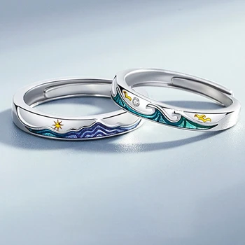 Madingi vyrų ir moterų S925 sterlingas sidabro spalvos glazūra kalnų ir jūros asmenybės pora žiedus QL183
