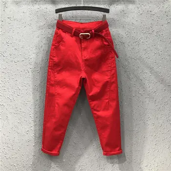 Mados raudonos laisvas Haremas džinsai moteriška streetwear plonas aukšto liemens Kelnės Atsitiktinis Kulkšnies Ilgis džinsinio krovinių kelnės moterims