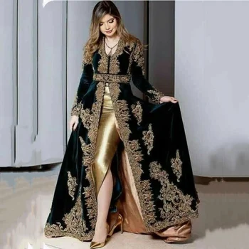 Maroko Caftan Undinė Aksomo Vakarinę Suknelę Padalinti Auksą, Aplikacijos, Nėrinių Musulmonų Prom Oficialią Chalatai Dubajus Arabų Moterų Suknelės, Šaliai