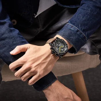 MEGIR Kūrybos Laikrodis Vyrams Žiūrėti Vandeniui natūralios Odos Kvarciniai Laikrodžiai Trijų akių Šešių vertus 3D Dial Chronograph Sporto Laikrodis