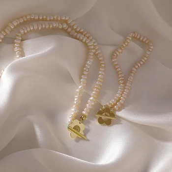 Minar Elegantiškas Natūralių Gėlavandenių Perlų Chokers Karoliai Moterų Mergina Aukso Spalvos Gėlių Perjungti Užsegimas Pakabukas Karoliai Dovanos