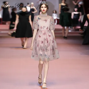 MoaaYina Mados Dizaineris Vasaros Tinklelio Šalis Mini Suknelė Moterų Stovėti apykaklės Trumpas rankovės Drugelis Siuvinėjimo Rožinės spalvos Trumpą Suknelę