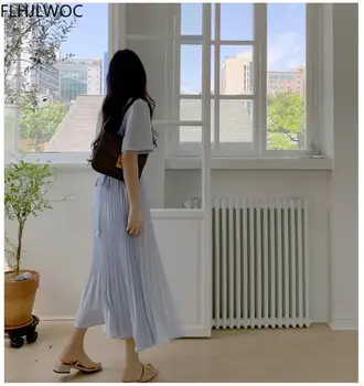 Moteris Naują Atvykimo Prašmatnus Korėja Dizaino Elegantiškas Nėriniai-Up Vasaros Moteriškas Vestidos Retro Vintage Korėjos Stiliaus Plisuotos Kietas Ilga Suknelė
