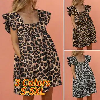 Moterų Derliaus Leopardas Spausdinti Sundress Rankovių Vasaros Suknelė 2021 VONDA Atsitiktinis Plisuotos Vestido Kvadratinių Kaklo Šalies Marškinėliai Suknelė