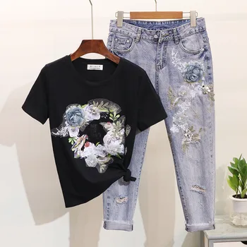 Moterų kostiumas moterims vasaros siuvinėjimo trimatis gėlių, paukščių, gėlių trumpomis rankovėmis T-shirt + suplėšyti devynių taškų džinsai