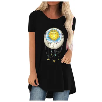 Moterų marškinėliai Plius Dydis Mados Ramadanas Stiliaus Sun Moon Star Dreamcatcher Spausdinti Moterų Viršūnių Ilgai Pykti Vasara O-Kaklo trumpomis Rankovėmis