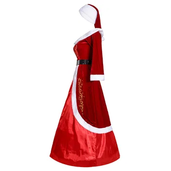 Moterų Ponia Claus Kostiumų Santa Claus Cosplay Kostiumų Kalėdų Dress Juosmens Diržas Skrybėlę 3Pcs Kostiumas Maskuotis Kamuolys Etape Kostiumas