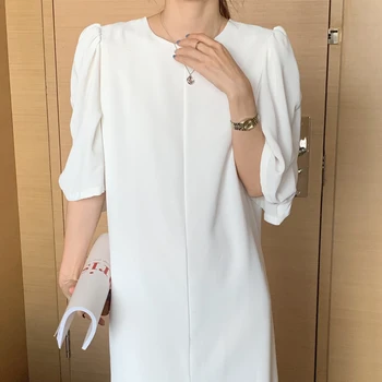Moterų Vasaros Derliaus Balta Tiesi Suknelė 2021 Naujas Sluoksniuotos Rankovėmis Prarasti Waisted Padalinti Hem Puloveris Maxi Sundress