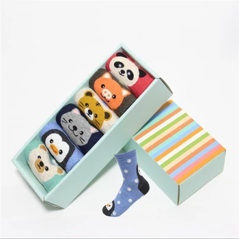 Nauja moterų animacinių filmų kojinės dovanų dėžutėje 6pairs/daug pingvinas meškinas tigras kiaulių kojinių moterų juokingi šalis medvilnės kojinės