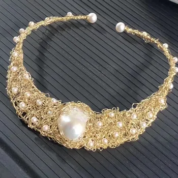 Nemokamas pristatymas negabaritinių moterų aukso chunkey karoliai originali gamtos perlas žvaigždėtą su big baroko nekilnojamojo perlų rankų darbo papuošalai