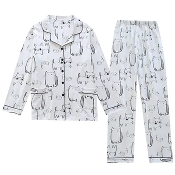 Pavasarį Moterys Medvilnės Pižama ilgomis rankovėmis Kelnės Sleepwear Animaciją Kačių Piešimo Pieštuku Loungewear Dviejų dalių Pijama Namų Drabužiai