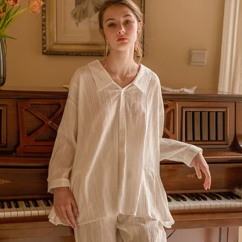 Pižama Moterų Mados Klasikinis Baltas Pajama Kostiumas Ilgomis Rankovėmis Pižama Laisvalaikio Sleepwear Panele
