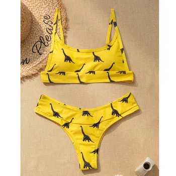 Ponios dinozaurų spausdinti seksualus bikini padalinta maudymosi kostiumėlį, geltona Moterų Sexy Juostele Spausdinti Nėrinių Aukštos Sumažinti Kojų, Bikini Nustatyti maudymosi kostiumėlį, CD
