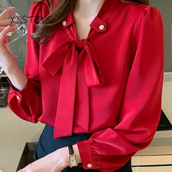 Raudono Šifono Marškinėliai Moterims Peteliškę Palaidinės Atsitiktinis Moterų Šifono Viršūnes Office Lady Darbo Dėvėti Drabužiai, 2021 Femme Blusas Elegantiškas 2021