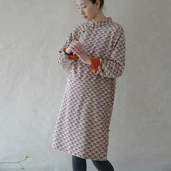 SCUWLINEN 2021 m. Pavasarį, Rudenį Moterų Suknelė Vintage Spausdinti ilgomis rankovėmis Plokštė Mygtuką Tiesiai Dvigubo Sluoksnio Pagerėjo Cheongsam P353