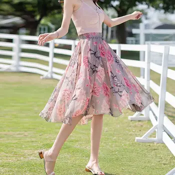 Senovinių gėlių spausdinti šifono sijonai moterims 2021 m. Vasarą, Rudenį korėjos-line Rožinė streetwear didelis juosmens ponios midi sijonas