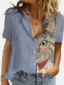 Senovinių Moterų Vasaros T-shirt Pusė Katė Spausdinimo Mygtukas Marškinėliai trumpomis Rankovėmis Atsitiktinis Palaidų Print Plus Size Viršūnes Kratinys Pora apranga